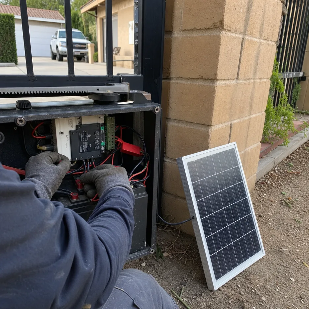 Technician repairing automatic gate access control system with solar panel charger nationwide