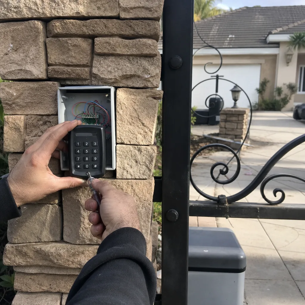Technician installing a gate access control keypad on a stone pillar nationwide