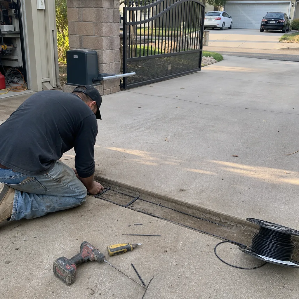 Technician installing automatic gate vehicle detection loop in driveway in Northridge, CA