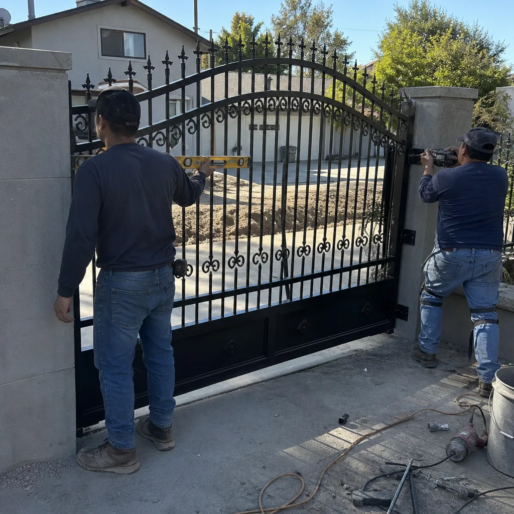Two professional contractors installing a large decorative wrought iron gate in Northridge, CA