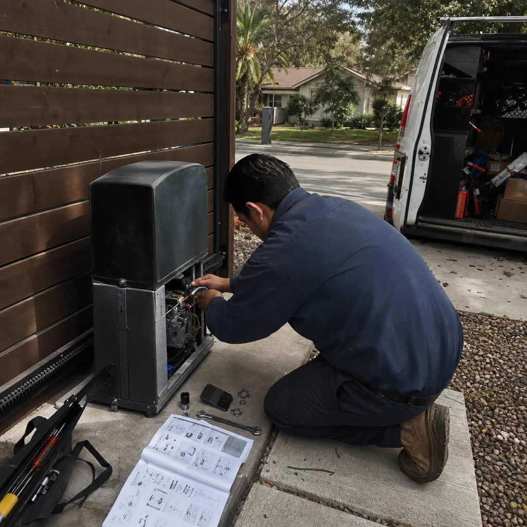 Technician performing professional gate motor and opener repair service in Northridge, CA
