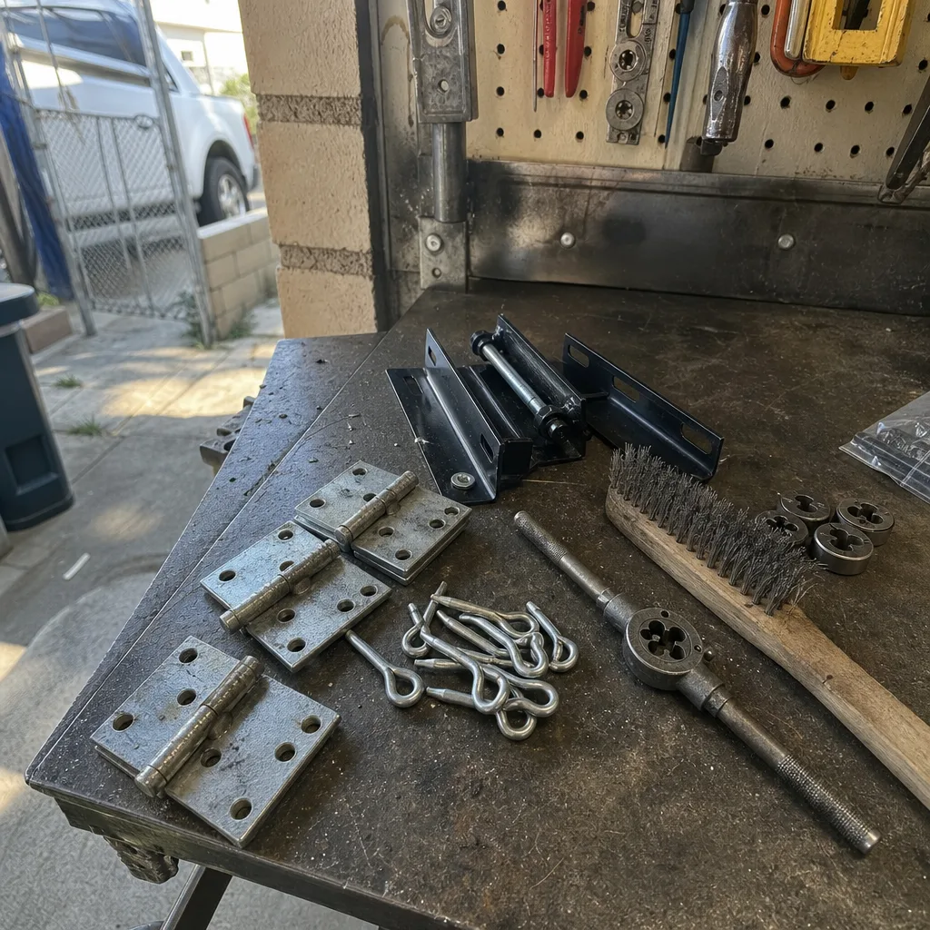Assortment of metal gate hinges and specialized welding tools on a workbench nationwide