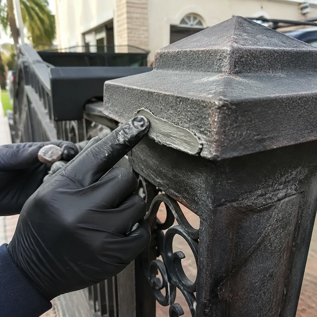 Professional applying epoxy repair compound to a decorative metal gate post.