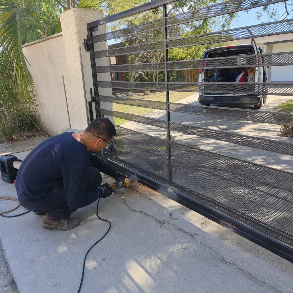 Technician using an angle grinder to perform metal driveway gate repair
